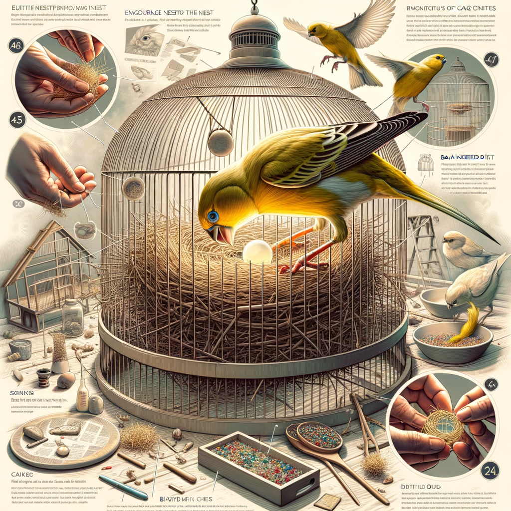 Infographic illustrating canary birds nesting habits, tips on encouraging nesting in canaries, understanding canary bird behavior, and canary bird care for an article on how to encourage nesting behavior in birds.