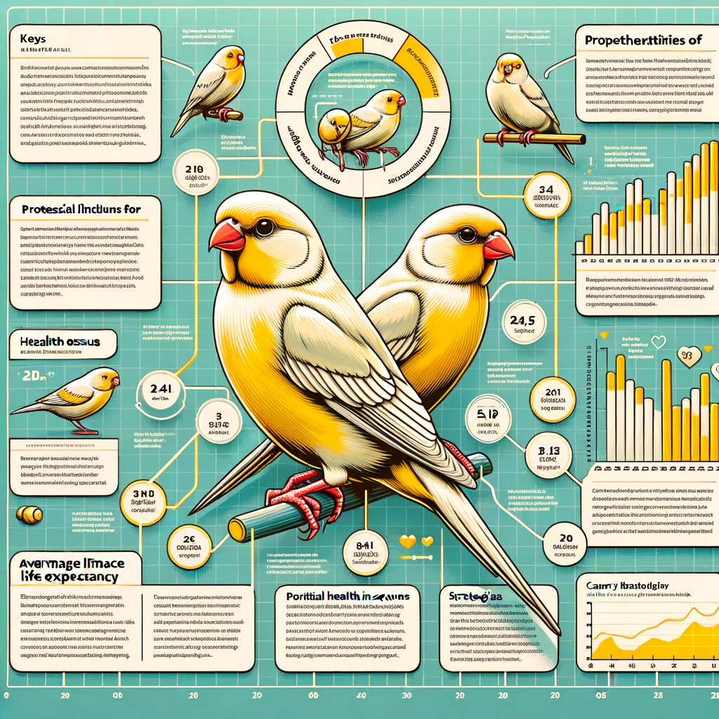 Infographic detailing factors affecting canary bird lifespan, including canary bird care and health tips to increase lifespan, and a timeline of canary bird life expectancy.