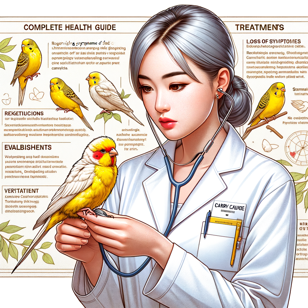 Veterinarian examining a canary bird showing symptoms of common canary diseases, with a canary bird health guide in the background discussing prevention and treatment for canary bird illnesses.