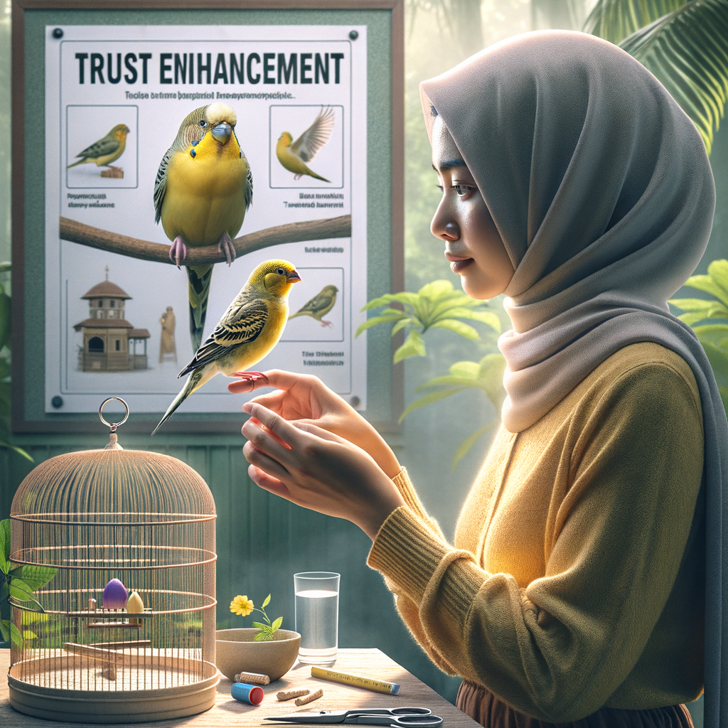 Professional bird trainer using trust building techniques to help a canary bird overcome fear, symbolizing the process of trust training and fear management in birds